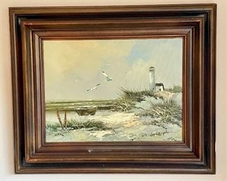 Item 335:  Oil Painting on canvas, Lighthouse Scene, signed Engle, lower right - 23.5" x 19.5":  $275