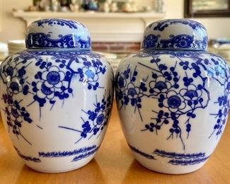 Item 349:  A pair/set of blue and white porcelain Japanese ginger jars with  cherry blossom flower design, circa mid-20th century, 1960s, Japan - 4.75": $38
