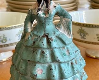 Item 351:  Antique Little Colonial Lady Sculpture Cast Iron Doorstop Bookend Figurine - 4.75"h: $65