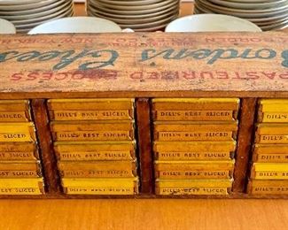 Item 383:  Antique Borden's Cheese Box cleverly reconfigured to hold antique Dill's Best Sliced Tobacco (Richmond, VA) boxes - some still contain brads and small hardware: $225