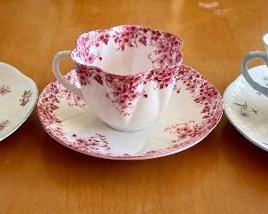 Item 385:  Shelley "Rosebud" Cup & Saucer (left):  $22 (SOLD)                                                                                                        Item 386:  Shelley "Dainty Pink" Cup & Saucer (middle):  $50   (SOLD)                                                                                           
Item 387:  Shelley "Blue Rock"  Cup & Saucer (right):  $14