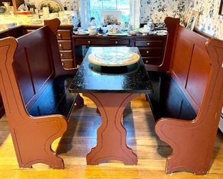 Item 396:  Antique Ice Cream Parlor Table & Benches:  $295                                                                                                             Table - 22"l x 45"w x 29.75"h                                                                     Bench - 48"l x 14.25"w x 42"h