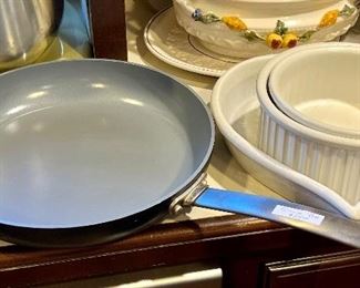 Non-stick pans & Bennington Pottery priced at the sale.