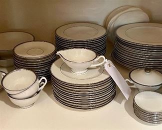 Item 403:  Countess Syracuse China:  $395                                                                                                   13 dinner plates, 14 cups & saucers, 8 butter plates, 12 salad plates, 12 bread plates, 12 soup bowls, 12 berry bowls, 3 serving platters, 2 serving bowls, creamer & sugar bowl