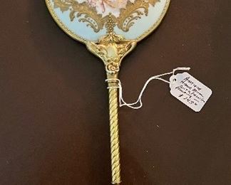 Item 420:  Antique Hand Painted Porcelain Mirror - 15.5":  $125