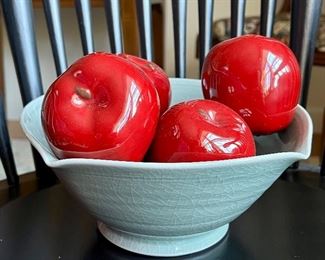 Item 431:  Simon Pearce Celadon Pinched Bowl:  $48             Item 432:  (4) Red Glass Apples:  $18 (SOLD)