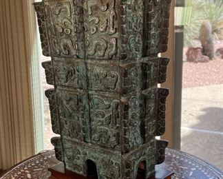 Vintage Chinese Verdigris Bronze Lamp Archaic Shang Dynasty Fenglei Design	29 x 18.5 x 18.5	HxWxD
