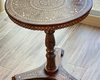Vintage Moroccan Bone Inlay Round Accent Table	22in H z 19.5 in  diameter	
