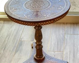 Vintage Moroccan Bone Inlay Round Accent Table	22in H z 19.5 in  diameter	

