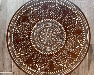 Vintage Moroccan Bone Inlay Round Accent Table	22in H z 19.5 in  diameter	
