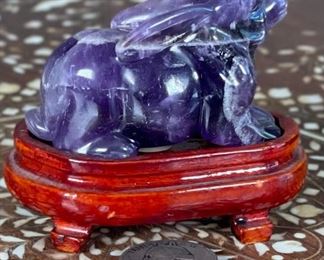 Rabbit Chinese Hardstone Carving Asian Carved Stone Figurine Purple Amethyst	2.5x1.75x3in	HxWxD
