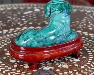 Dog Chinese Hardstone Carving Asian Carved Stone Figurine Green	3x2x3.75in	HxWxD
