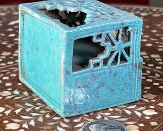 Chinese  Porcelain Pierced Incense Burner Blue	2in H	
