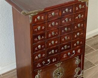 Chinese Medicine Chest Apothecary Cabinet Brass Clad inlay	26 x 20 x 9.5in	HxWxD
