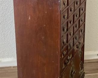 Chinese Medicine Chest Apothecary Cabinet Brass Clad inlay	26 x 20 x 9.5in	HxWxD
