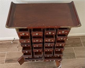 Chinese Medicine Chest Apothecary Cabinet Brass Clad inlay	26 x 20 x 9.5in	HxWxD
