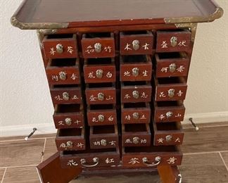 Chinese Medicine Chest Apothecary Cabinet Brass Clad inlay	26 x 20 x 9.5in	HxWxD
