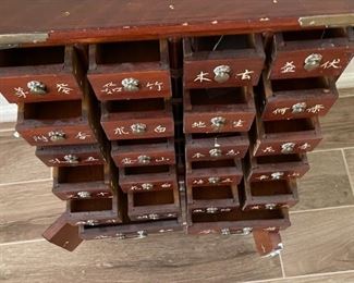 Chinese Medicine Chest Apothecary Cabinet Brass Clad inlay	26 x 20 x 9.5in	HxWxD
