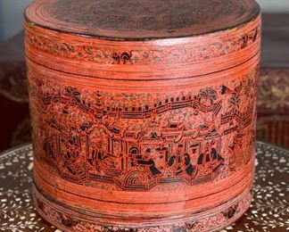 Hand Painted  Burmese Lacquer Betel Box	8.5in H  x 9.75 in diameter	
