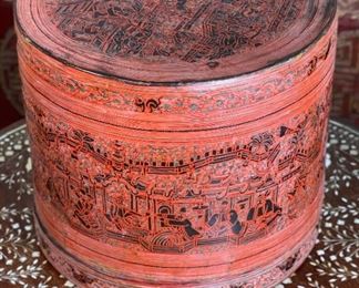 Hand Painted  Burmese Lacquer Betel Box	8.5in H  x 9.75 in diameter	

