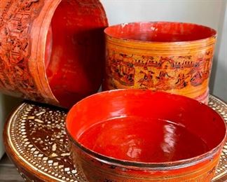 Hand Painted  Burmese Lacquer Betel Box	8.5in H  x 9.75 in diameter	
