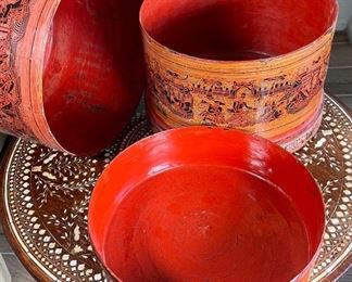 Hand Painted  Burmese Lacquer Betel Box	8.5in H  x 9.75 in diameter	
