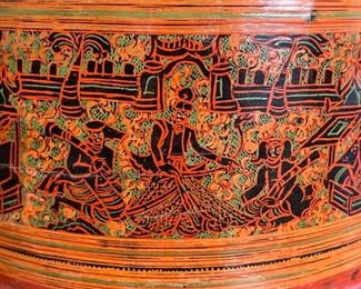 Hand Painted  Burmese Lacquer Betel Box	8.5in H  x 9.75 in diameter	
