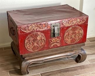 Antique Chinese Tooled Red Leather Trunk on Stand	22 x 29 x 21.5 in	HxWxD
