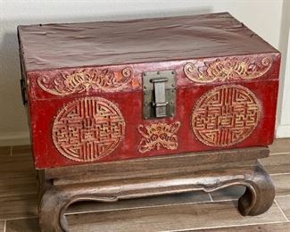 Antique Chinese Tooled Red Leather Trunk on Stand	22 x 29 x 21.5 in	HxWxD
