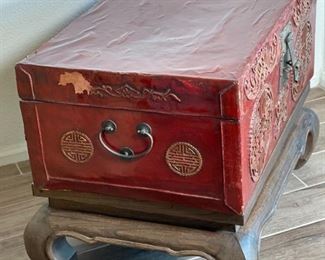 Antique Chinese Tooled Red Leather Trunk on Stand	22 x 29 x 21.5 in	HxWxD
