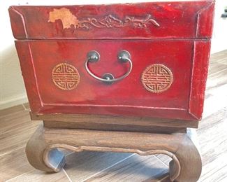Antique Chinese Tooled Red Leather Trunk on Stand	22 x 29 x 21.5 in	HxWxD
