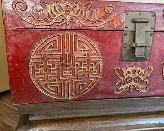 Antique Chinese Tooled Red Leather Trunk on Stand	22 x 29 x 21.5 in	HxWxD
