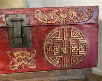 Antique Chinese Tooled Red Leather Trunk on Stand	22 x 29 x 21.5 in	HxWxD
