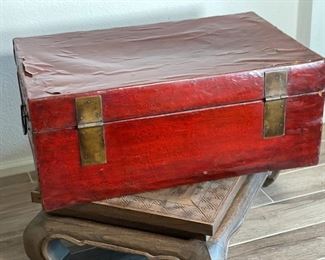 Antique Chinese Tooled Red Leather Trunk on Stand	22 x 29 x 21.5 in	HxWxD
