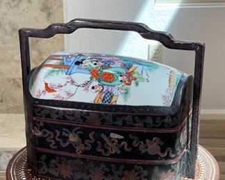 Chinese Lacquer Porcelain Top Wedding Basket Tiered Dowry Box Pottery Vase Shard	13 x 8.5 x 16.5in	HxWxD
