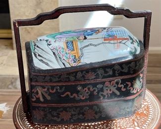 Chinese Lacquer Porcelain Top Wedding Basket Tiered Dowry Box Pottery Vase Shard	13 x 8.5 x 16.5in	HxWxD
