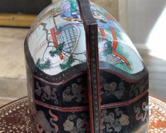 Chinese Lacquer Porcelain Top Wedding Basket Tiered Dowry Box Pottery Vase Shard	13 x 8.5 x 16.5in	HxWxD
