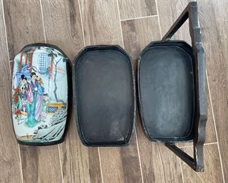 Chinese Lacquer Porcelain Top Wedding Basket Tiered Dowry Box Pottery Vase Shard	13 x 8.5 x 16.5in	HxWxD
