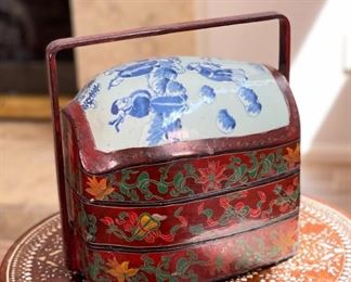 Chinese Red Lacquer Porcelain Top Wedding Basket Tiered Dowry Box Pottery Vase Shard Blue & White	12 x 8.5 x 12.5in	HxWxD
