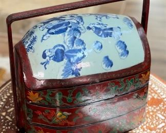 Chinese Red Lacquer Porcelain Top Wedding Basket Tiered Dowry Box Pottery Vase Shard Blue & White	12 x 8.5 x 12.5in	HxWxD
