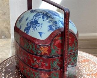 Chinese Red Lacquer Porcelain Top Wedding Basket Tiered Dowry Box Pottery Vase Shard Blue & White	12 x 8.5 x 12.5in	HxWxD
