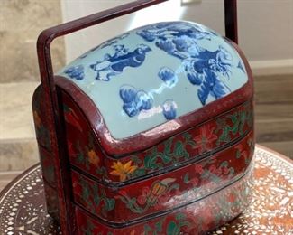 Chinese Red Lacquer Porcelain Top Wedding Basket Tiered Dowry Box Pottery Vase Shard Blue & White	12 x 8.5 x 12.5in	HxWxD

