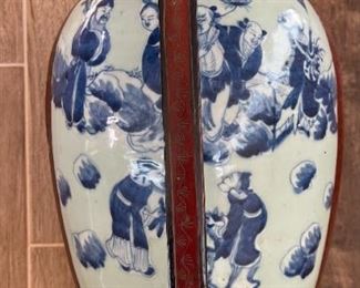 Chinese Red Lacquer Porcelain Top Wedding Basket Tiered Dowry Box Pottery Vase Shard Blue & White	12 x 8.5 x 12.5in	HxWxD
