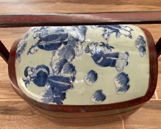 Chinese Red Lacquer Porcelain Top Wedding Basket Tiered Dowry Box Pottery Vase Shard Blue & White	12 x 8.5 x 12.5in	HxWxD
