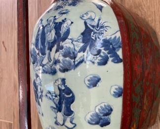 Chinese Red Lacquer Porcelain Top Wedding Basket Tiered Dowry Box Pottery Vase Shard Blue & White	12 x 8.5 x 12.5in	HxWxD
