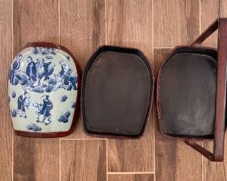 Chinese Red Lacquer Porcelain Top Wedding Basket Tiered Dowry Box Pottery Vase Shard Blue & White	12 x 8.5 x 12.5in	HxWxD
