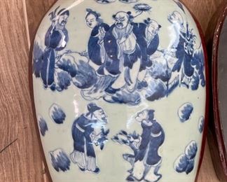 Chinese Red Lacquer Porcelain Top Wedding Basket Tiered Dowry Box Pottery Vase Shard Blue & White	12 x 8.5 x 12.5in	HxWxD
