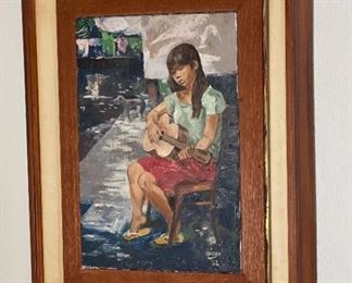 Original Art Demetrico Diego Girl Playing Guitar Painting	Frame: 25 x 20Image: 16.75 x 20	
