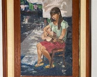 Original Art Demetrico Diego Girl Playing Guitar Painting	Frame: 25 x 20Image: 16.75 x 20	
