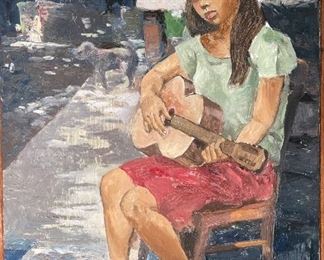 Original Art Demetrico Diego Girl Playing Guitar Painting	Frame: 25 x 20Image: 16.75 x 20	
